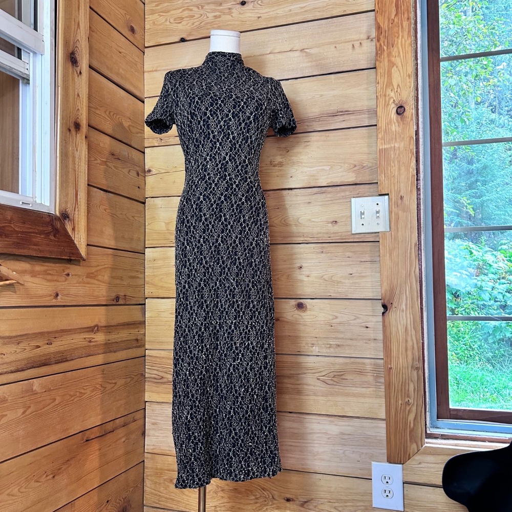 Vintage Maxi Dress Womens Size 6 Black Gold Metallic Mock Neck Column Algo